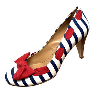 Patriotic USA Women's Heels Size 7.5 Red White Blue Striped Bow EUC Gianni Bini